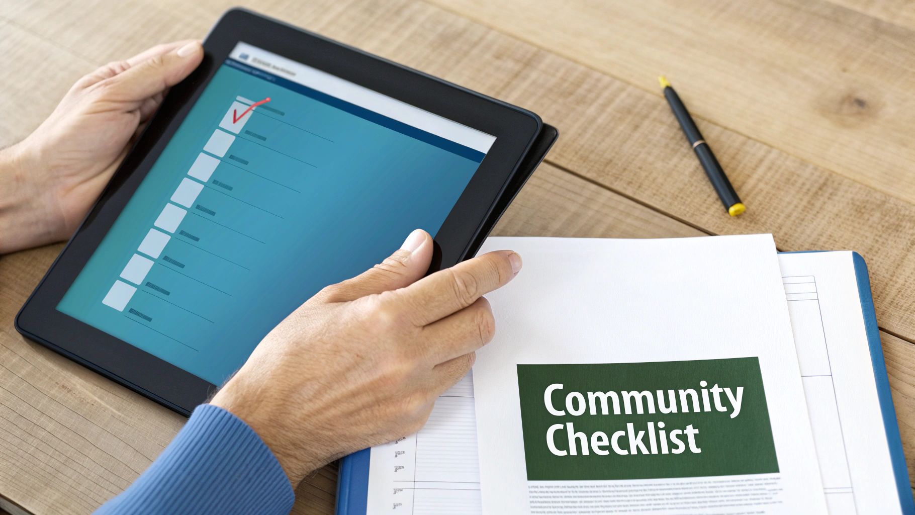 Person reviewing community checklist on tablet while holding document on wooden desk