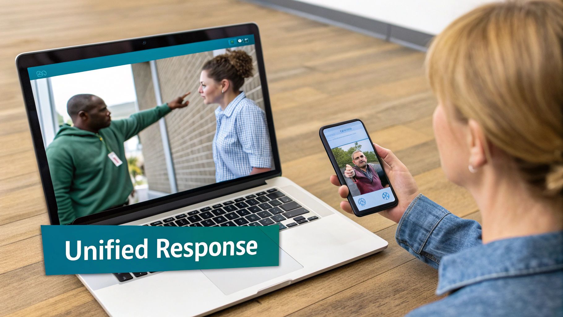 A woman views crisis communication on laptop and phone screens, with 'Unified Response' displayed.