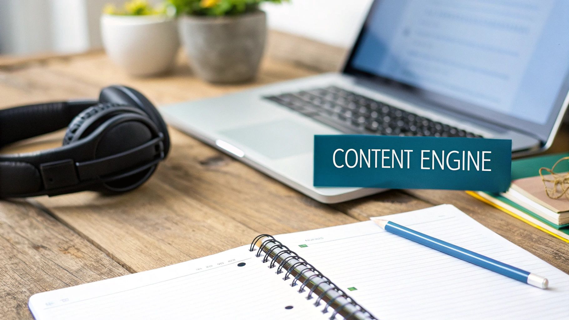 A laptop, headphones, notebook, and a 'CONTENT ENGINE' sign on a wooden desk, suggesting digital content creation.