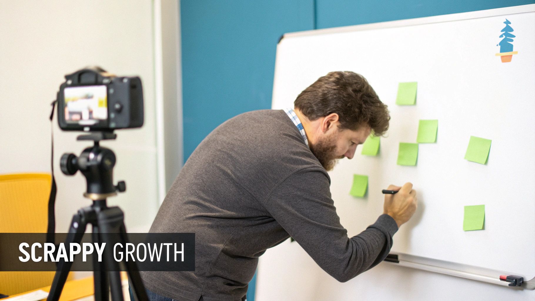 Man writing on a whiteboard covered with green sticky notes, a camera recording in a modern office.