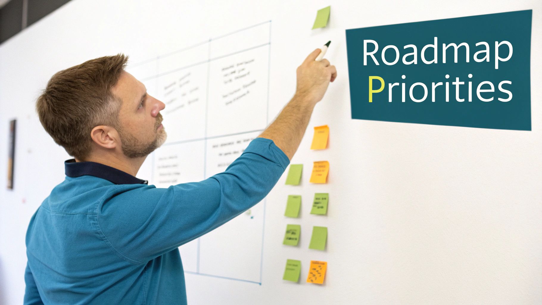 A man points at a whiteboard with sticky notes, planning 'Roadmap Priorities'.