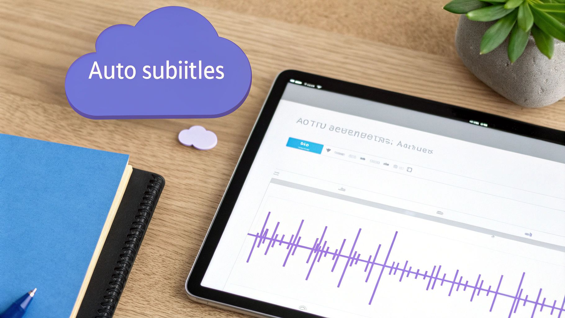 AI interface showing an audio waveform being transcribed into text for an SRT file.