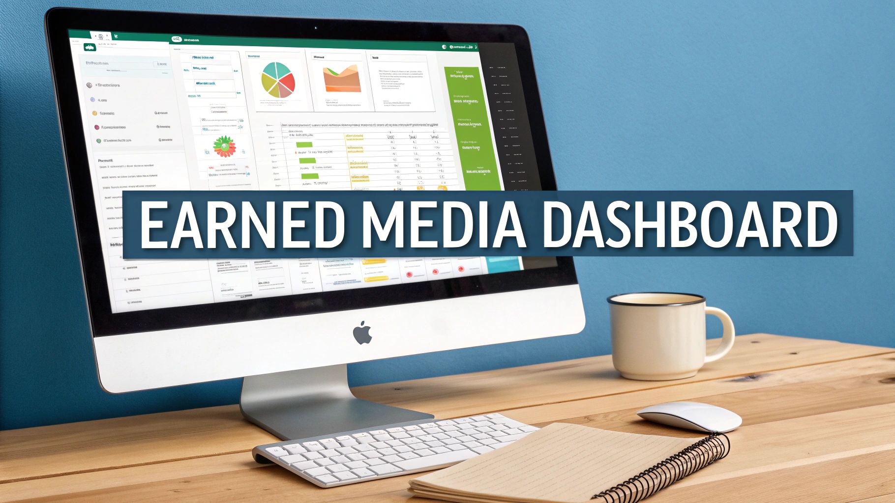 An Apple iMac displays an earned media dashboard with charts and data on a wooden desk.