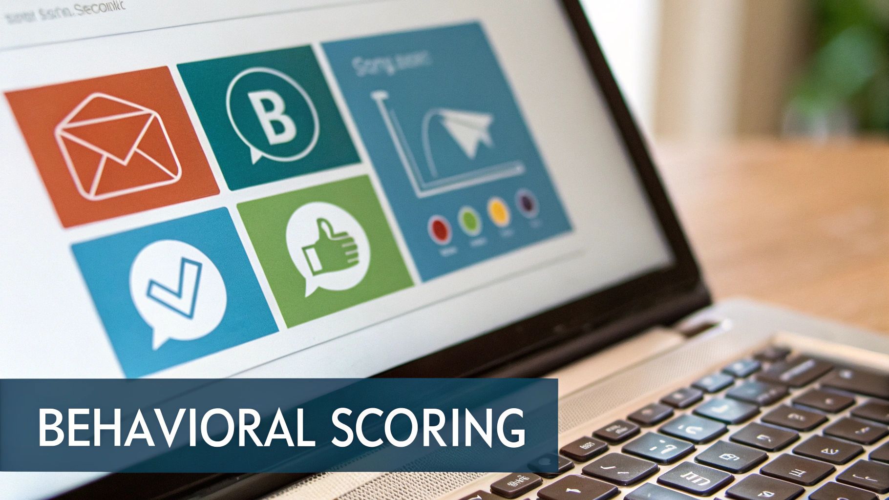 Laptop screen showing a behavioral scoring dashboard with icons for email, messages, likes, and a performance graph.