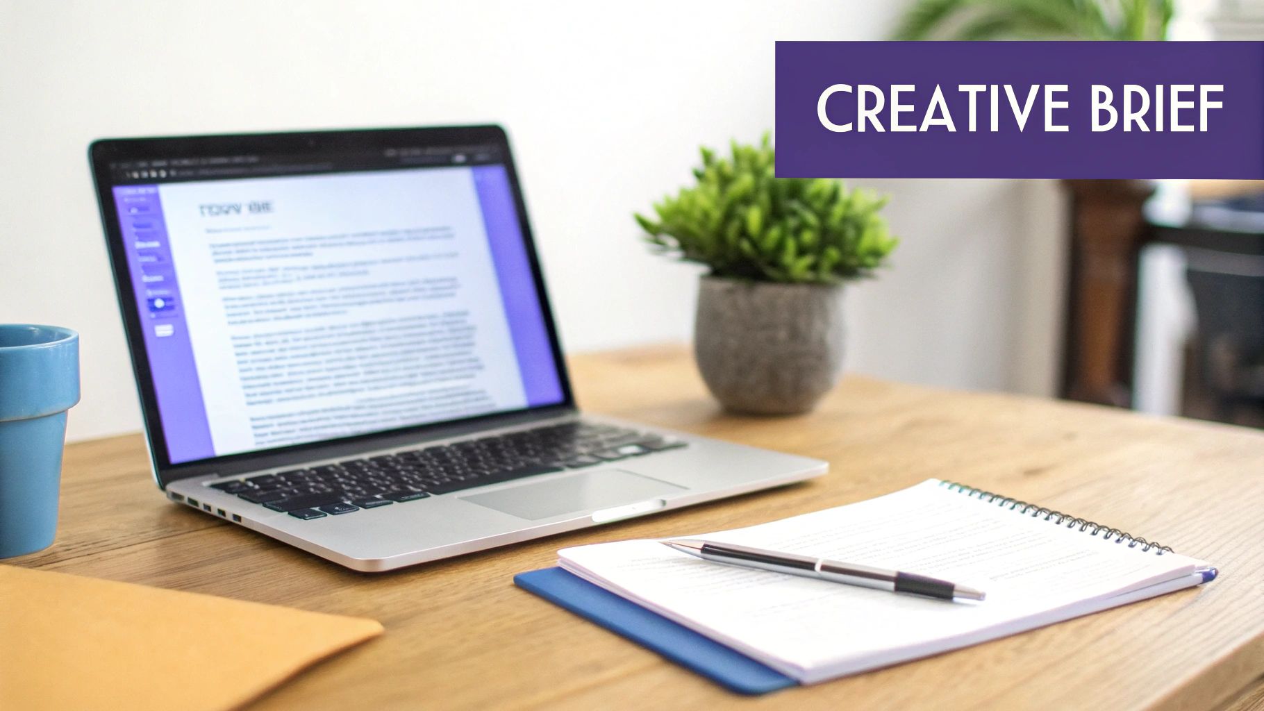 A creative brief concept with a laptop, plant, notebook, pen, and cup on a wooden desk.