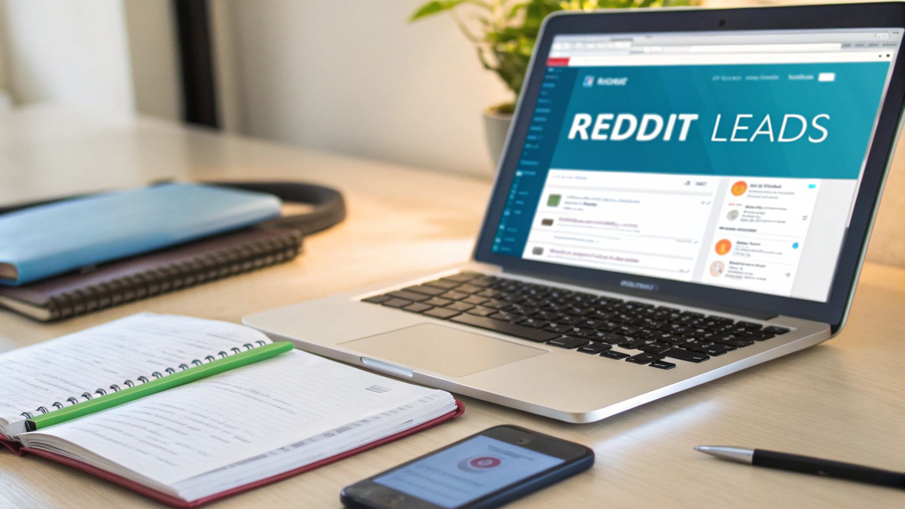 Desk setup with a laptop showing 'REDDIT LEADS', an open notebook, and a smartphone.