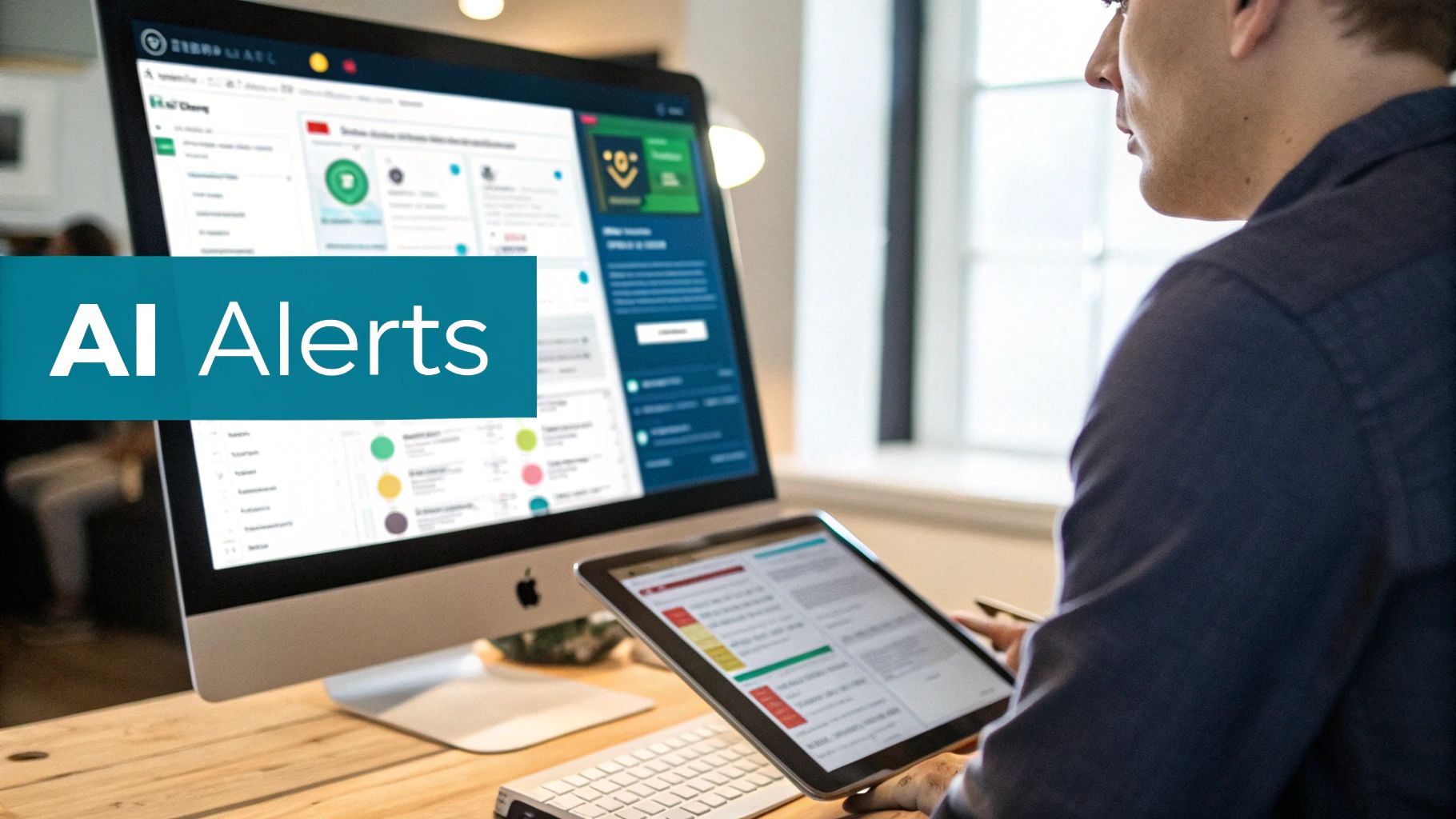 A person views AI alerts on a computer monitor and holds a tablet, managing data.