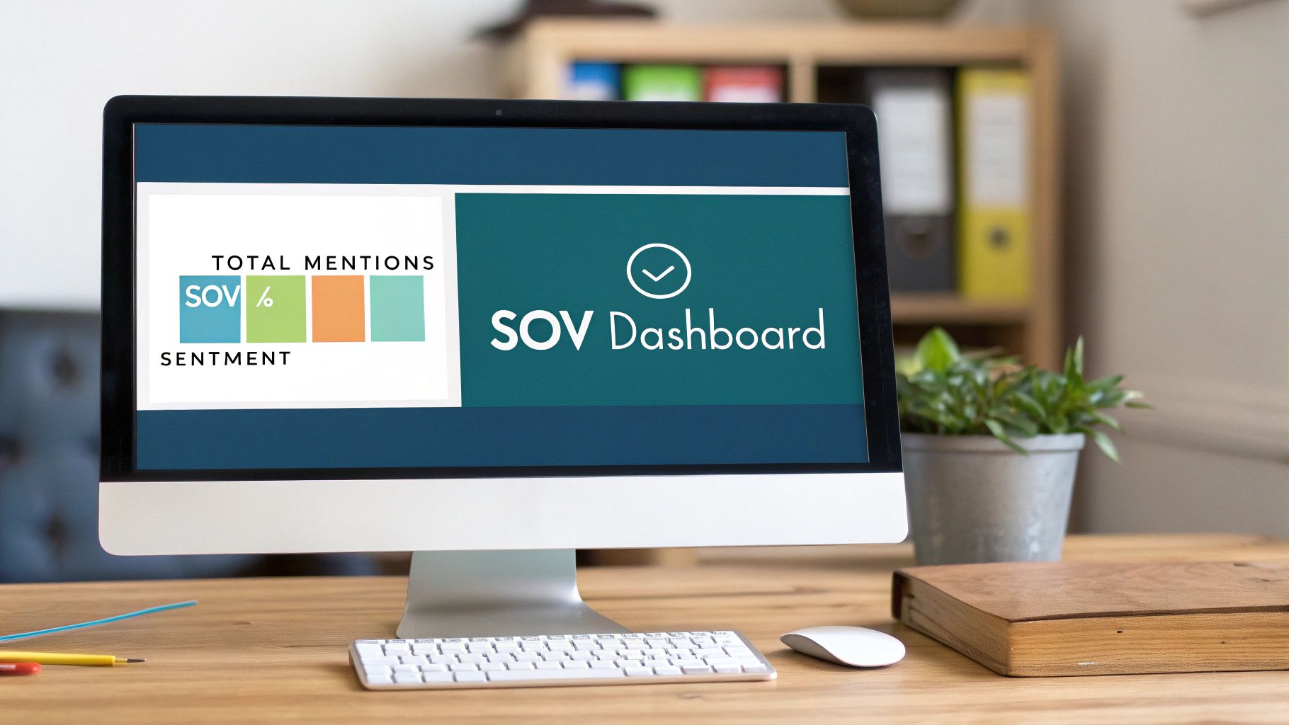 A computer screen displays an SOV Dashboard with 'Total Mentions,' 'SOV %,' and 'Sentiment' metrics.
