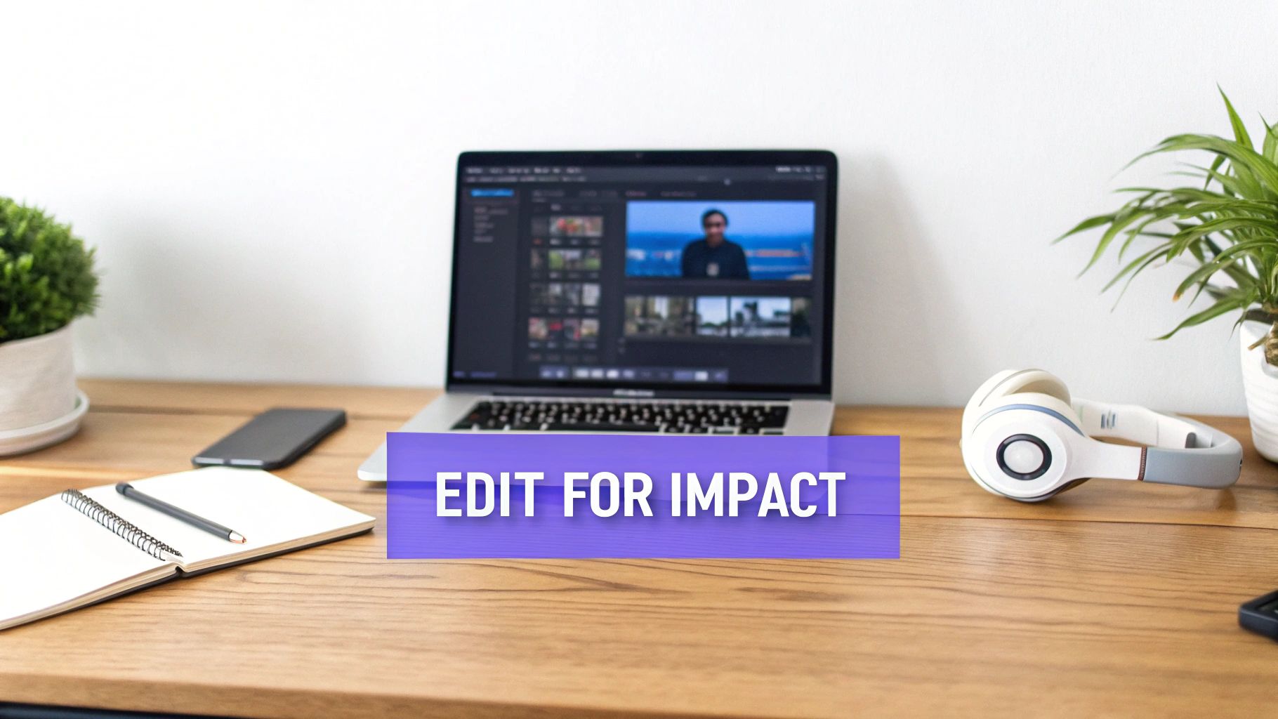 A desk with a laptop displaying video editing software, headphones, and a notebook.