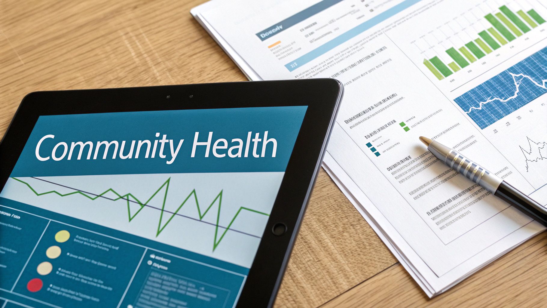 A tablet displays 'Community Health' with a graph, next to papers showing charts and a pen on a desk.