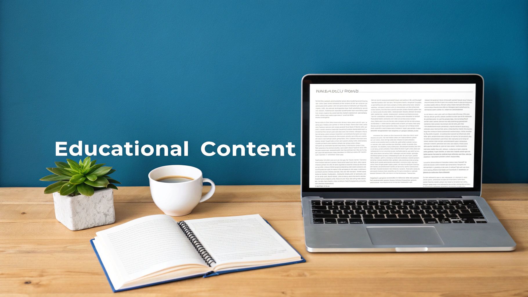 Flat lay of a productive workspace with a laptop, open book, coffee, and plant, text 'Educational Content'.