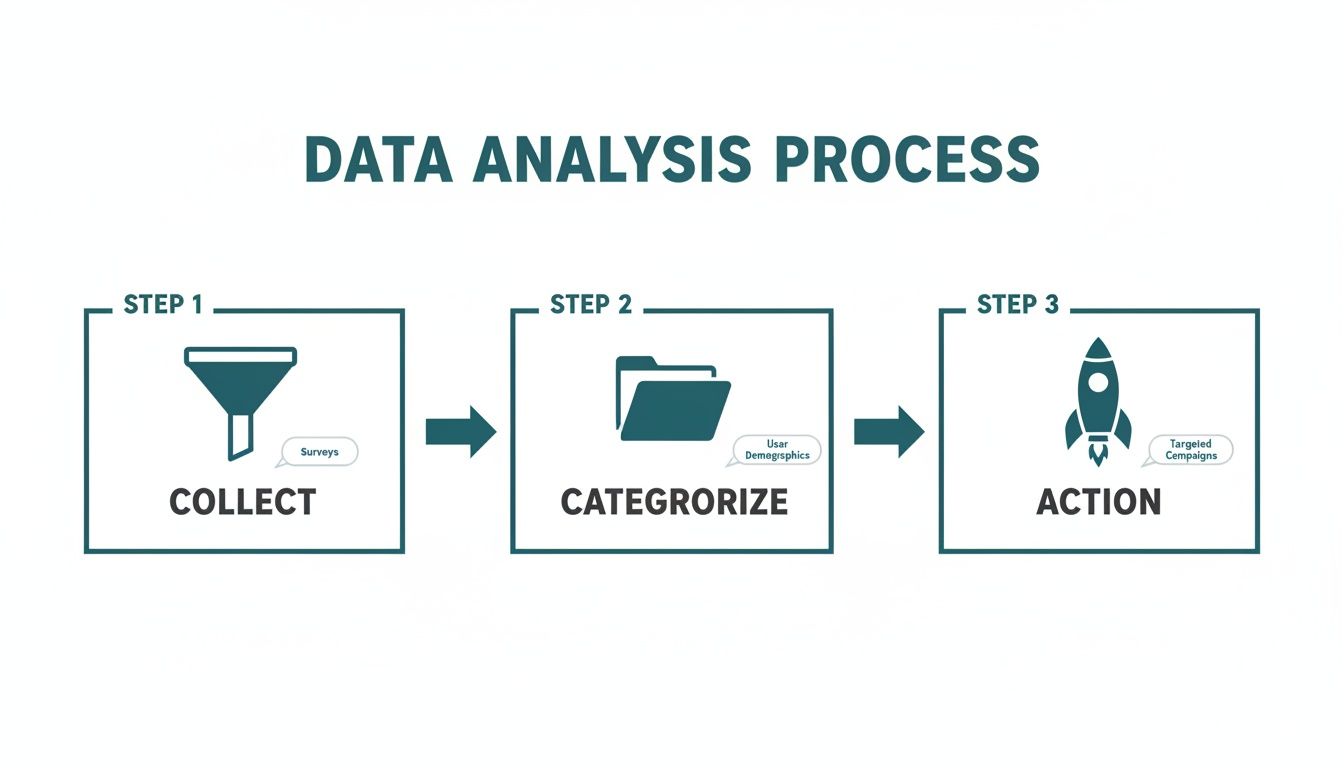 A data analysis process flowchart with three steps: collect, categorize, and action, represented by icons.
