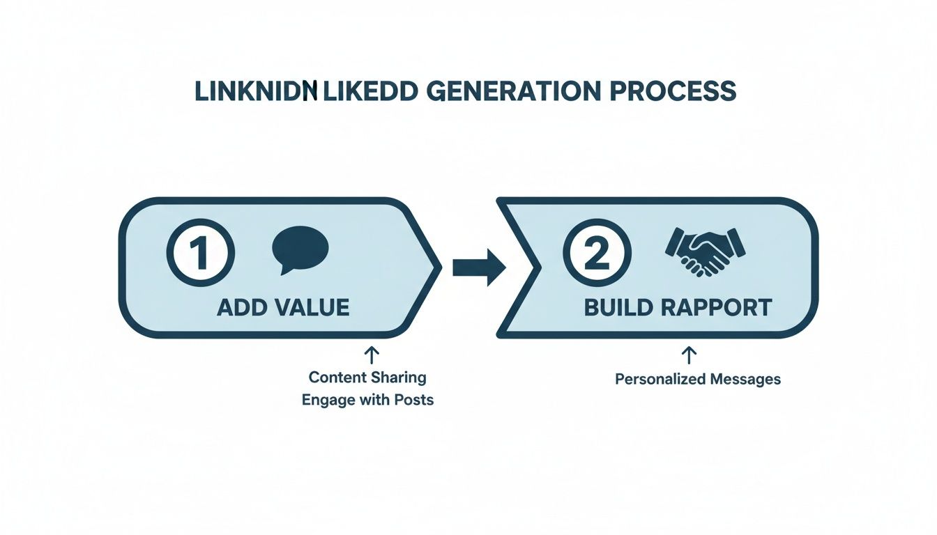 A two-step process diagram for social media lead generation: Add Value, then Build Rapport.