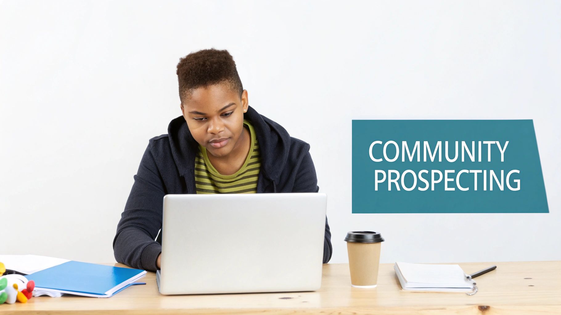 A person intently uses a laptop at a wooden desk with a 'COMMUNITY PROSPECTING' banner.