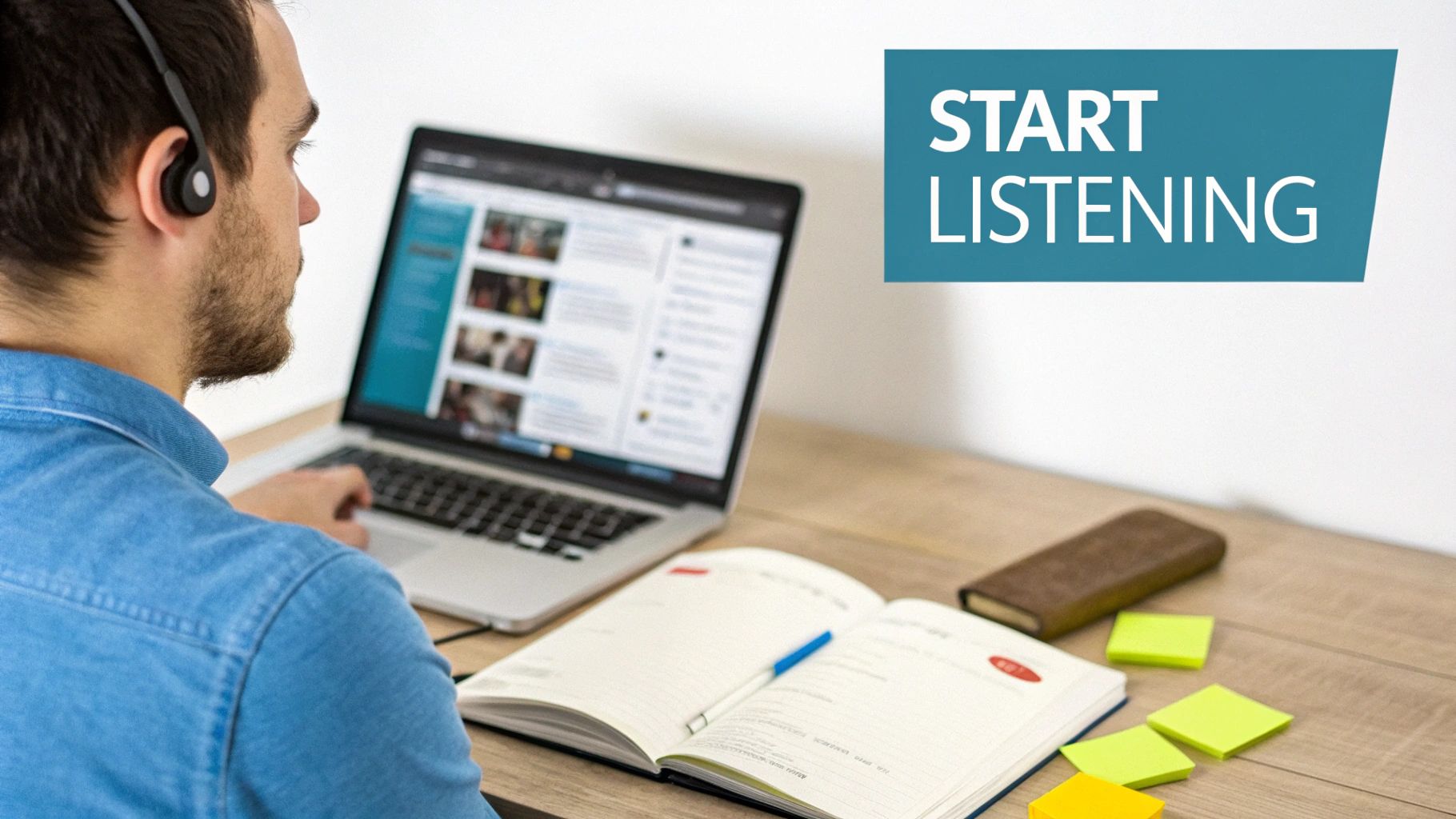 A man wearing headphones looks at a laptop while studying at a wooden desk.