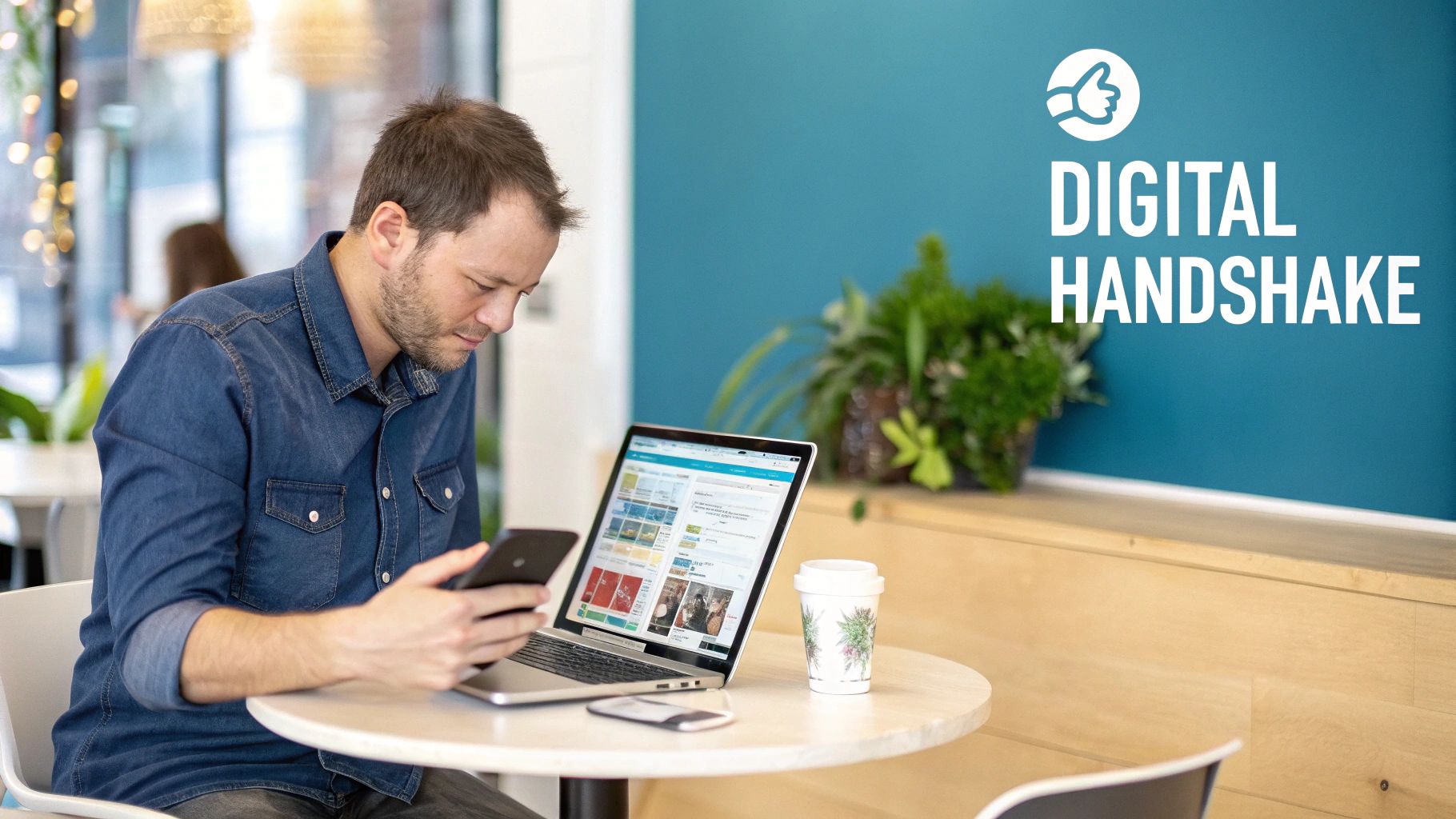 A man works on his smartphone and laptop at a table with a 'Digital Handshake' sign.