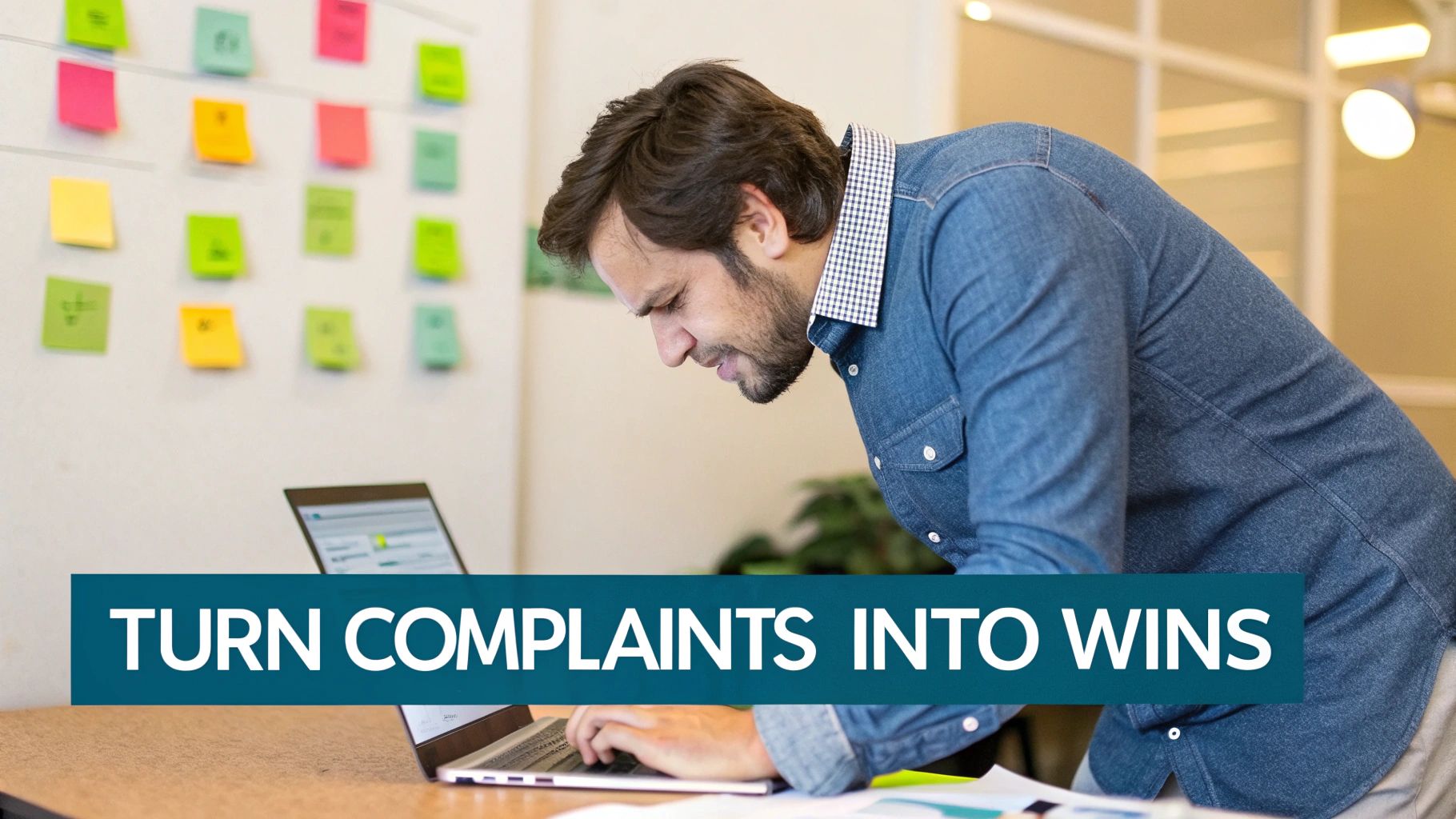 A focused man typing on a laptop, surrounded by sticky notes, with text "Turn Complaints into Wins".