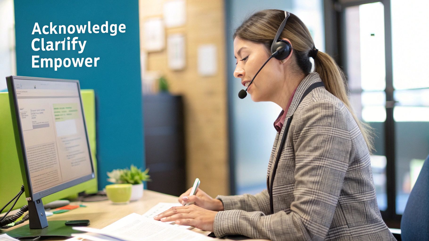 A support agent calmly talking to a customer on a headset, looking at a screen with the ACE framework visible.