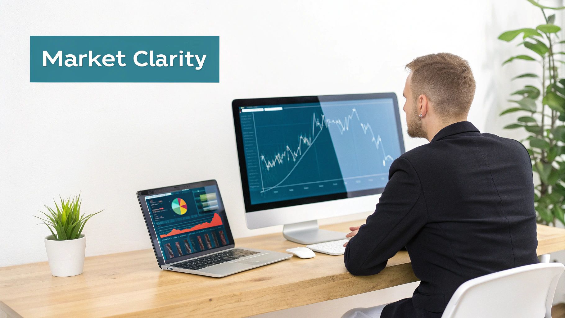 A person views market clarity on computer screens with stock charts, data, and a plant.