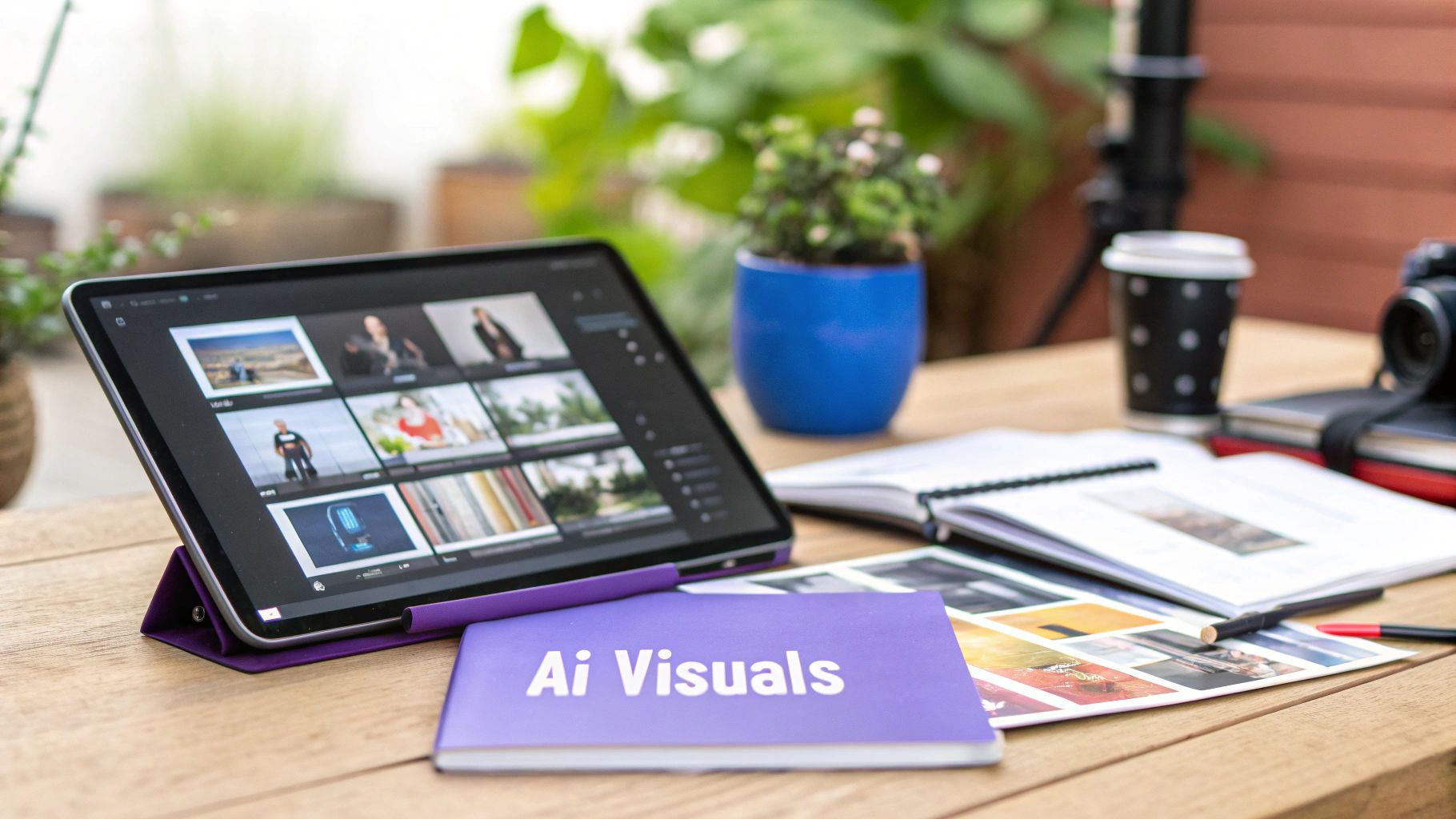 A tablet displaying creative visuals, an 'Ai Visuals' notebook, and a coffee cup on a wooden desk.