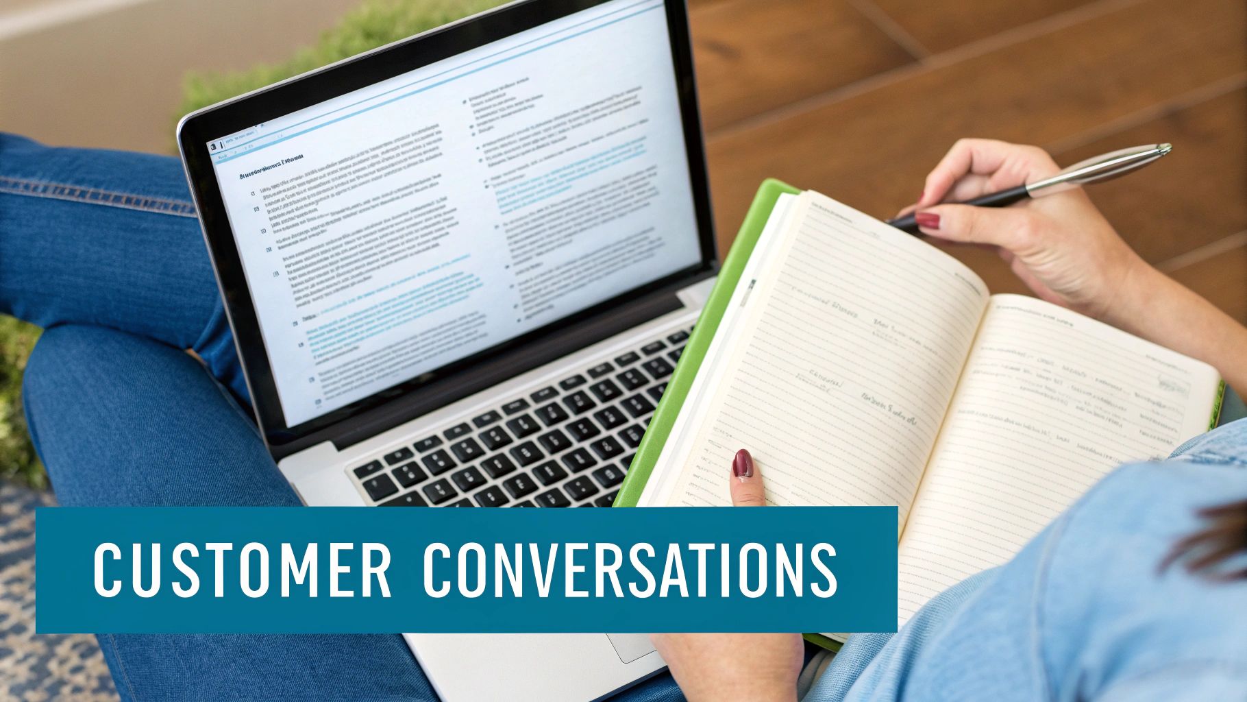 Person taking notes from a laptop and writing in a notebook, text reads 'CUSTOMER CONVERSATIONS'.