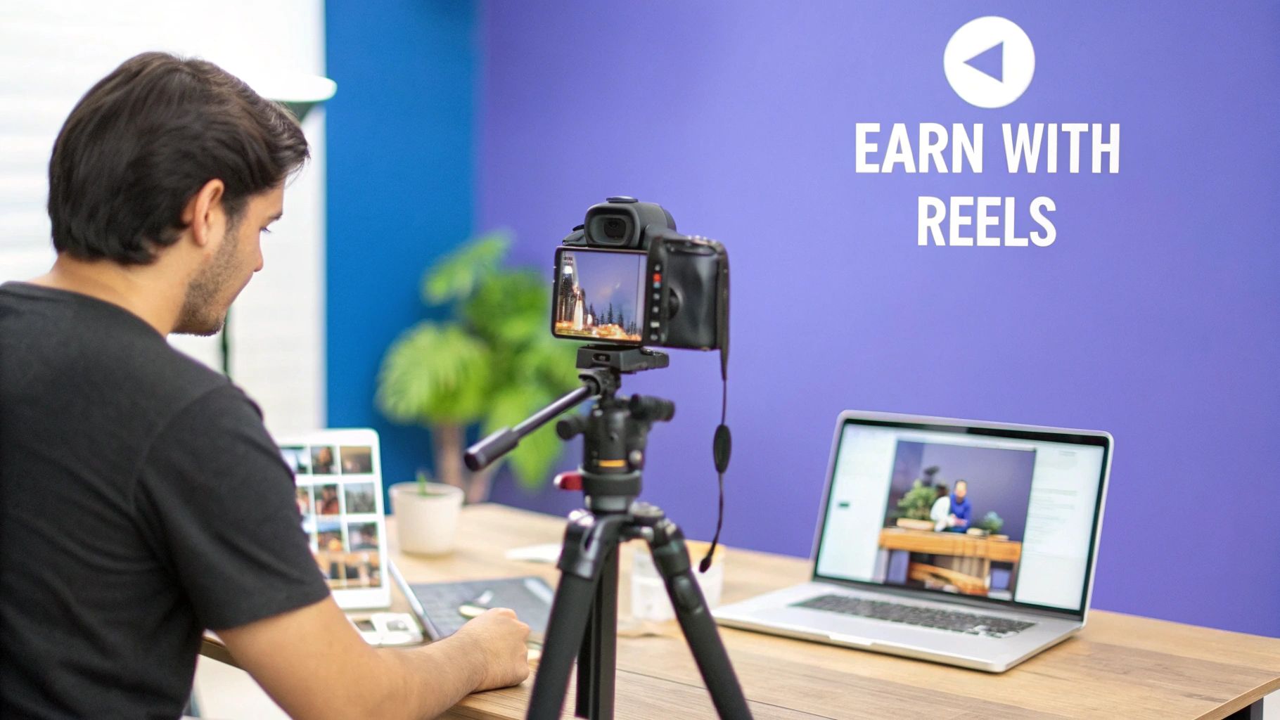 A content creator smiling while filming a Reel on their smartphone, with products from a brand partner visible in the background.