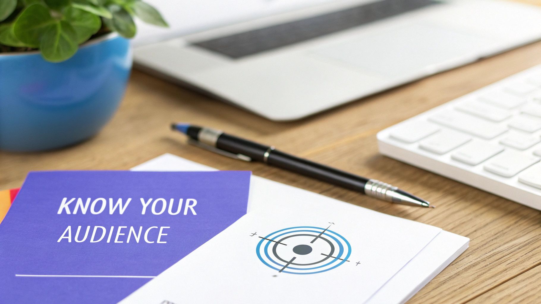A desk with a laptop, keyboard, pen, plant, and documents titled 'KNOW YOUR AUDIENCE' and a target icon.