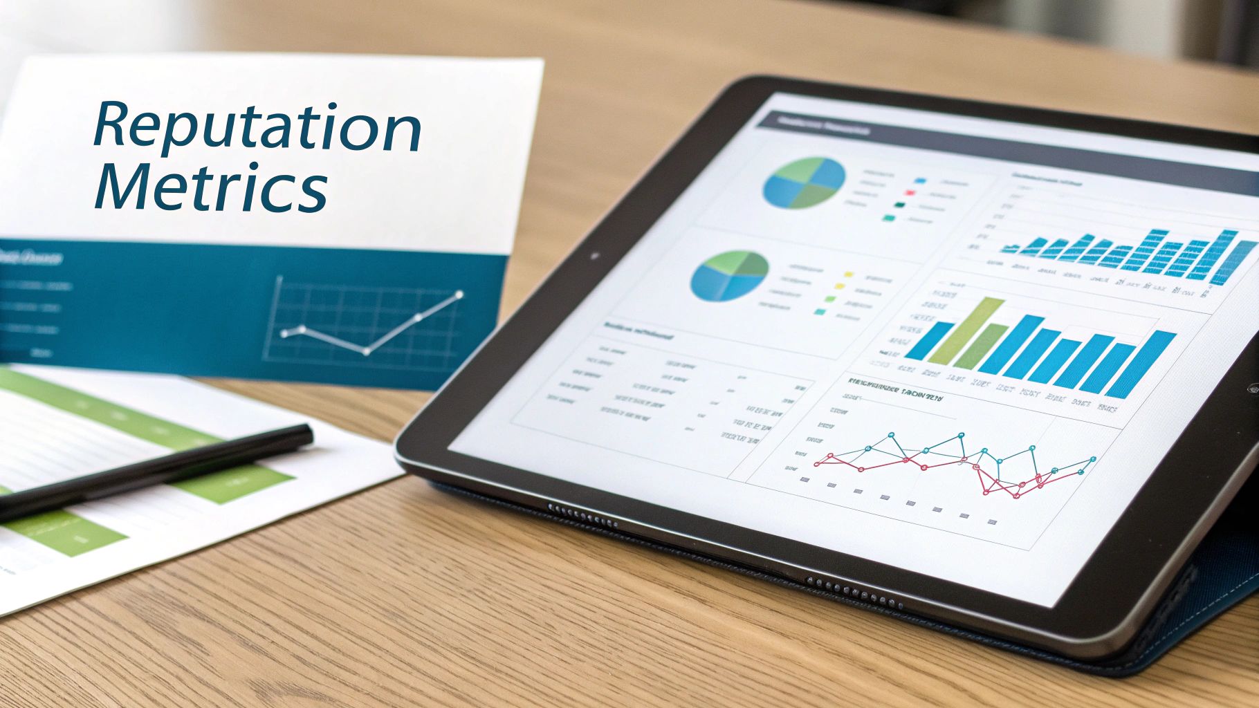 A tablet displaying business charts and graphs next to a document titled 'Reputation Metrics' on a wooden desk.