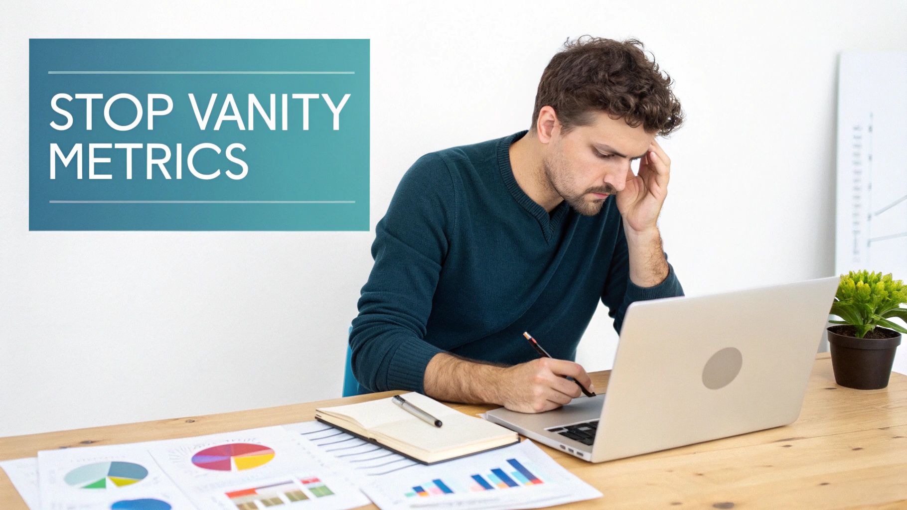 A focused man analyzing data on a laptop, surrounded by charts, with 'STOP VANITY METRICS' text.