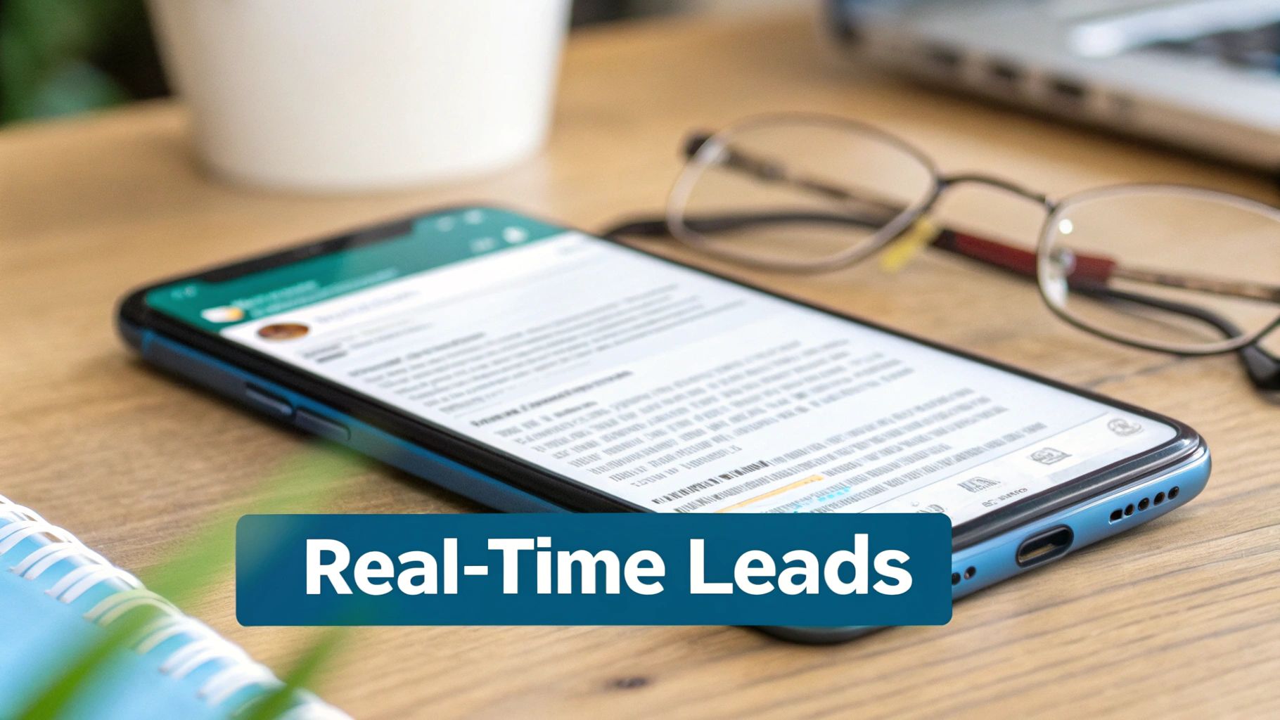 Smartphone displaying digital content and eyeglasses on a wooden desk, with a 'Real-Time Leads' banner.