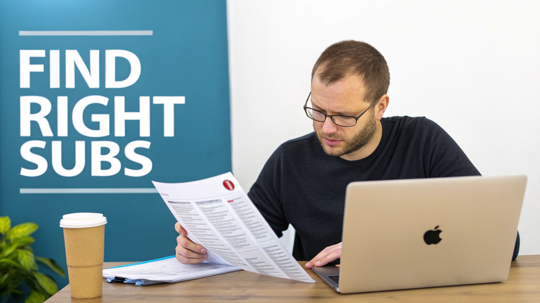 Man in glasses studying documents and laptop, with a 'FIND RIGHT SUBS' banner in background.