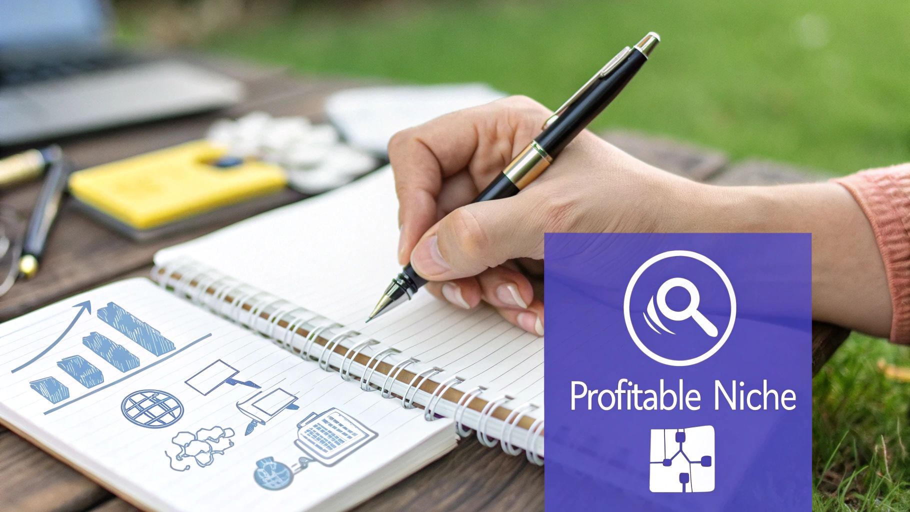 A magnifying glass hovering over a computer screen showing various YouTube niche ideas like finance, history, and wellness.