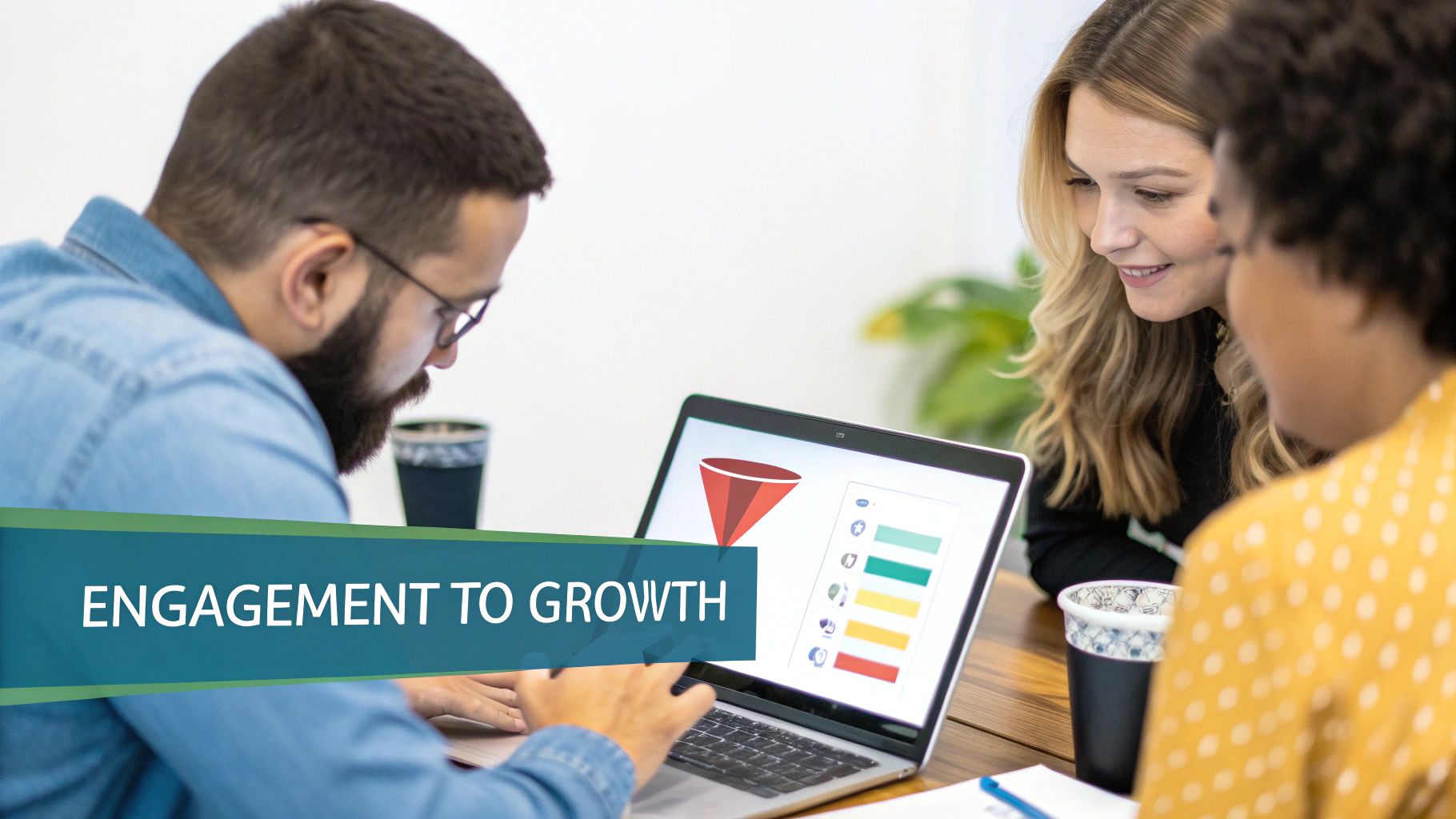 A visual representation of turning engagement into business growth, with social media icons feeding into a funnel that leads to revenue and user sign-ups.