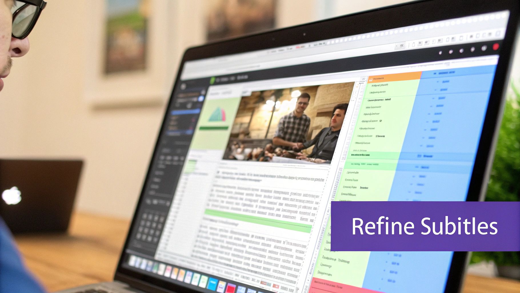 A close-up view of a video timeline with subtitle blocks being adjusted for perfect timing.