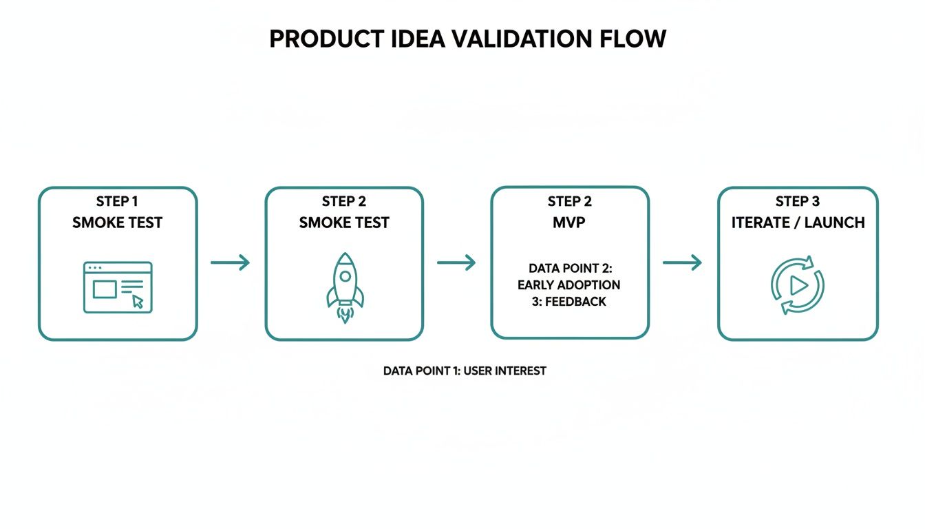 Flowchart illustrating the product idea validation process with steps for smoke tests, MVP, and iteration.