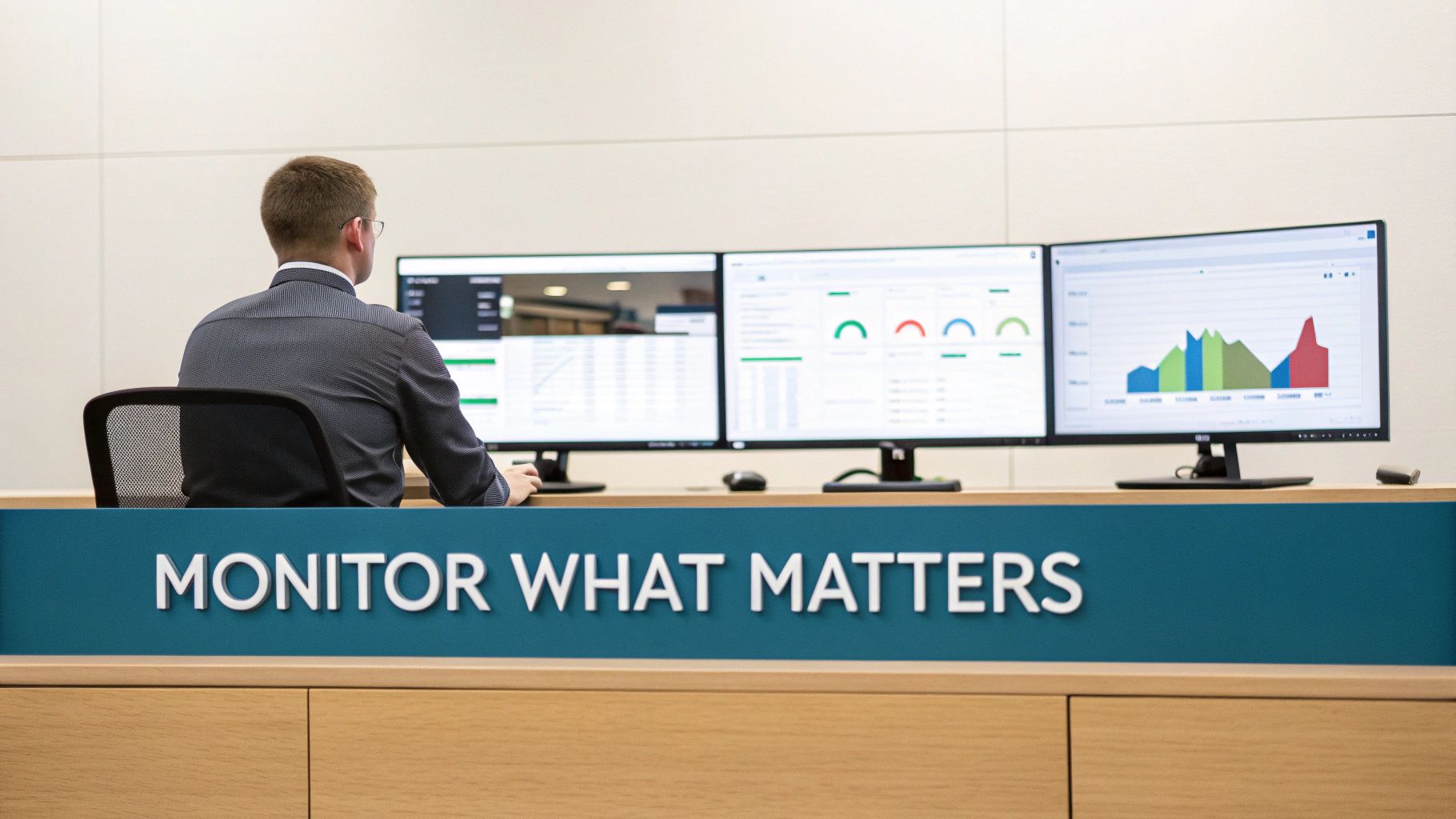 Professional businessman monitoring data analytics dashboards on multiple computer screens at modern office workstation