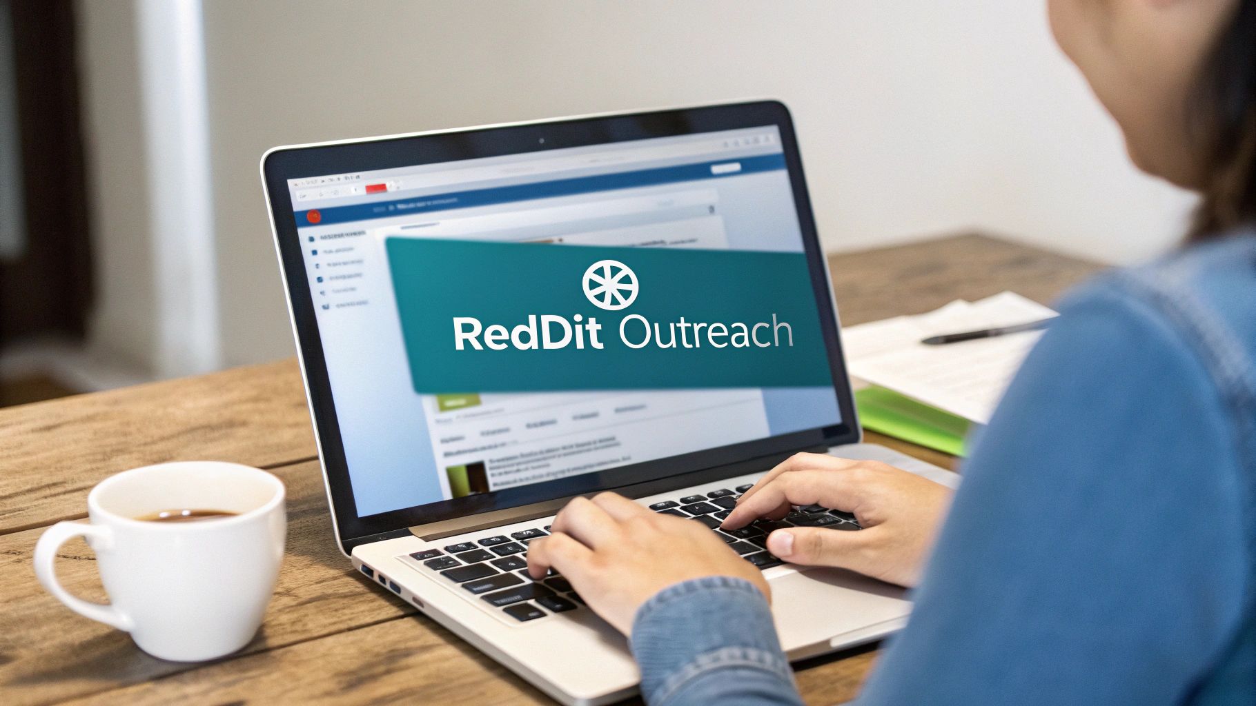 Person typing on a laptop displaying 'RedDit Outreach' text, with a coffee cup on a wooden desk.