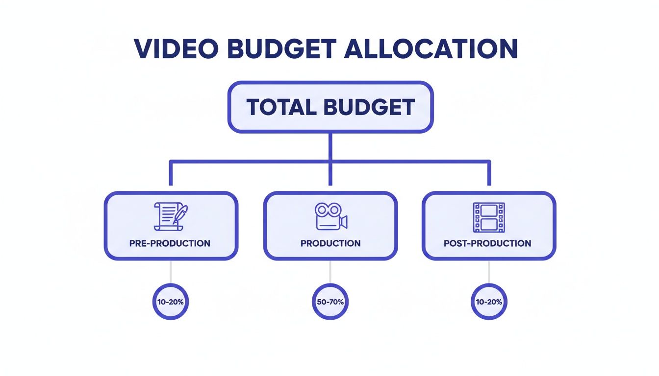 A video budget allocation flowchart showing percentage breakdowns for pre-production, production, and post-production.