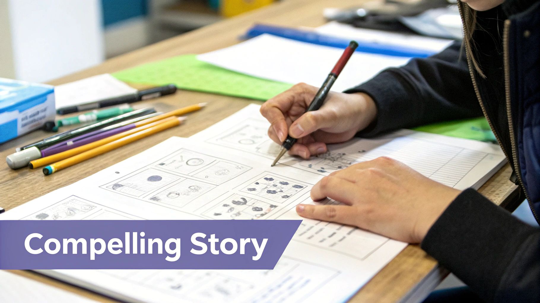 A person sketching out a storyboard for a video ad with post-it notes and drawings.