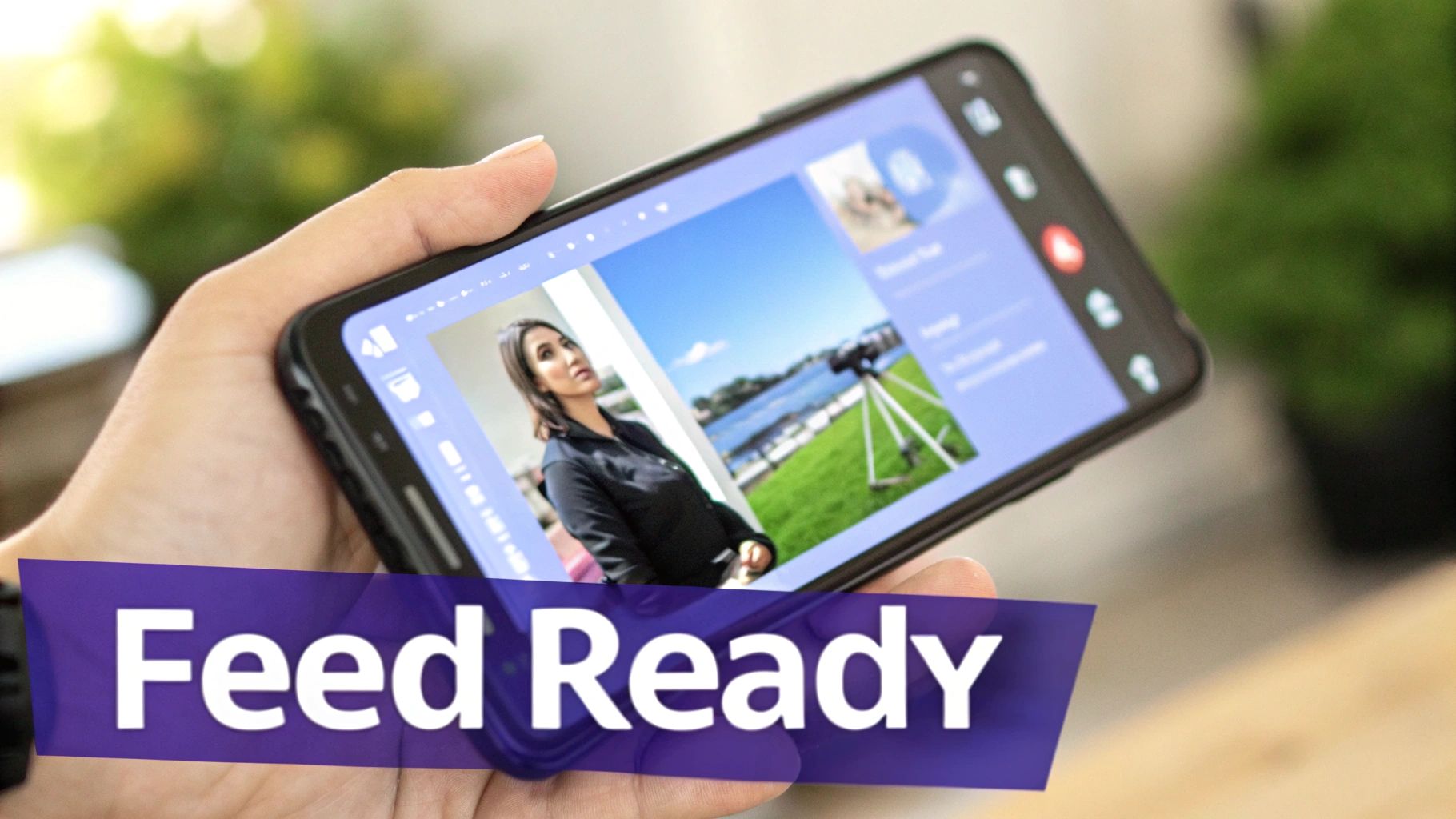 A mobile phone displaying a vertical video ad in the Facebook Feed.