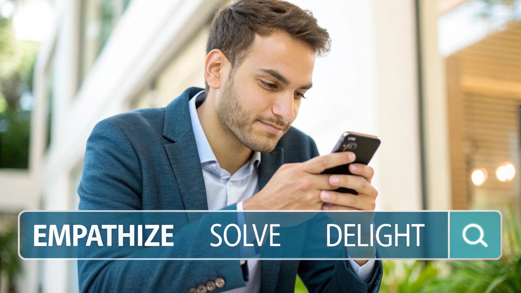 A man looks at his smartphone, with a search bar overlay displaying 'EMPATHIZE SOLVE DELIGHT'.