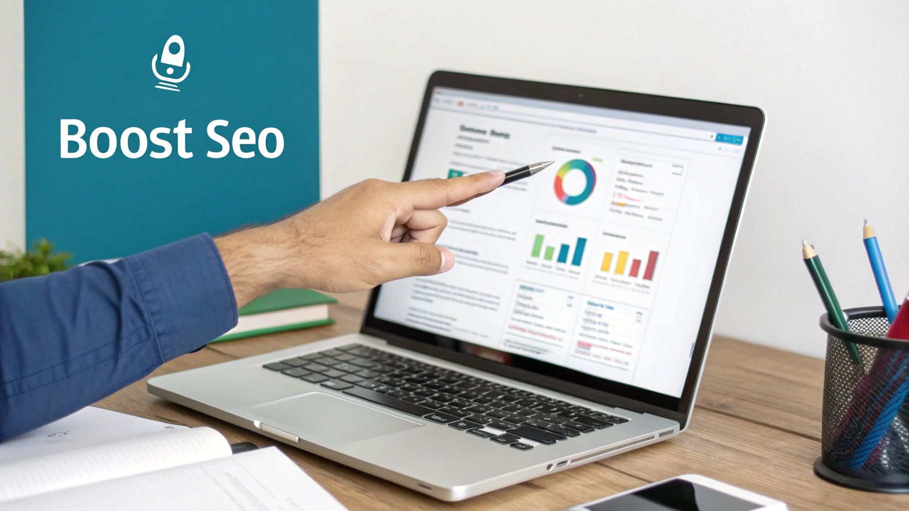 A person's hand points with a pen to SEO analytics on a laptop screen, with 'Boost Seo' text.