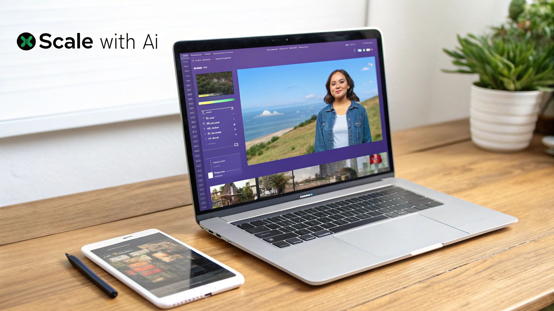 Laptop showing 'Scale with AI' video editing software, with a phone and pen on a wooden desk.