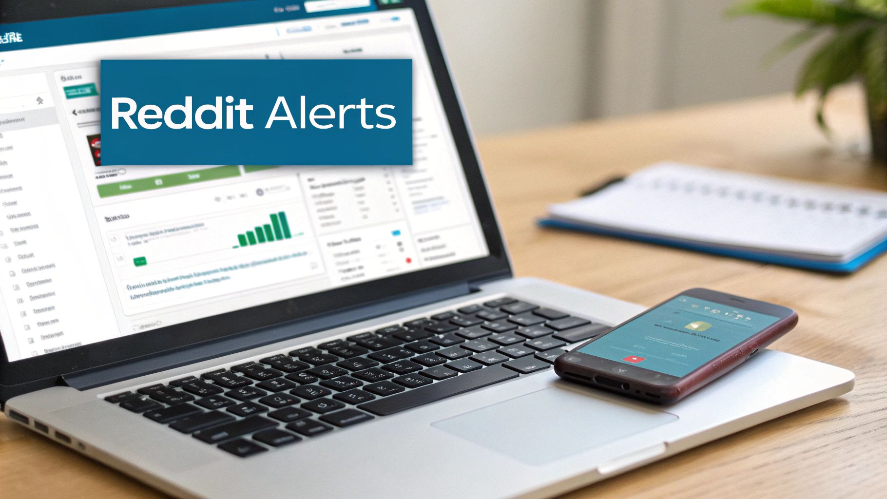 A laptop displaying "Reddit Alerts" on its screen, with a smartphone resting on its keyboard.