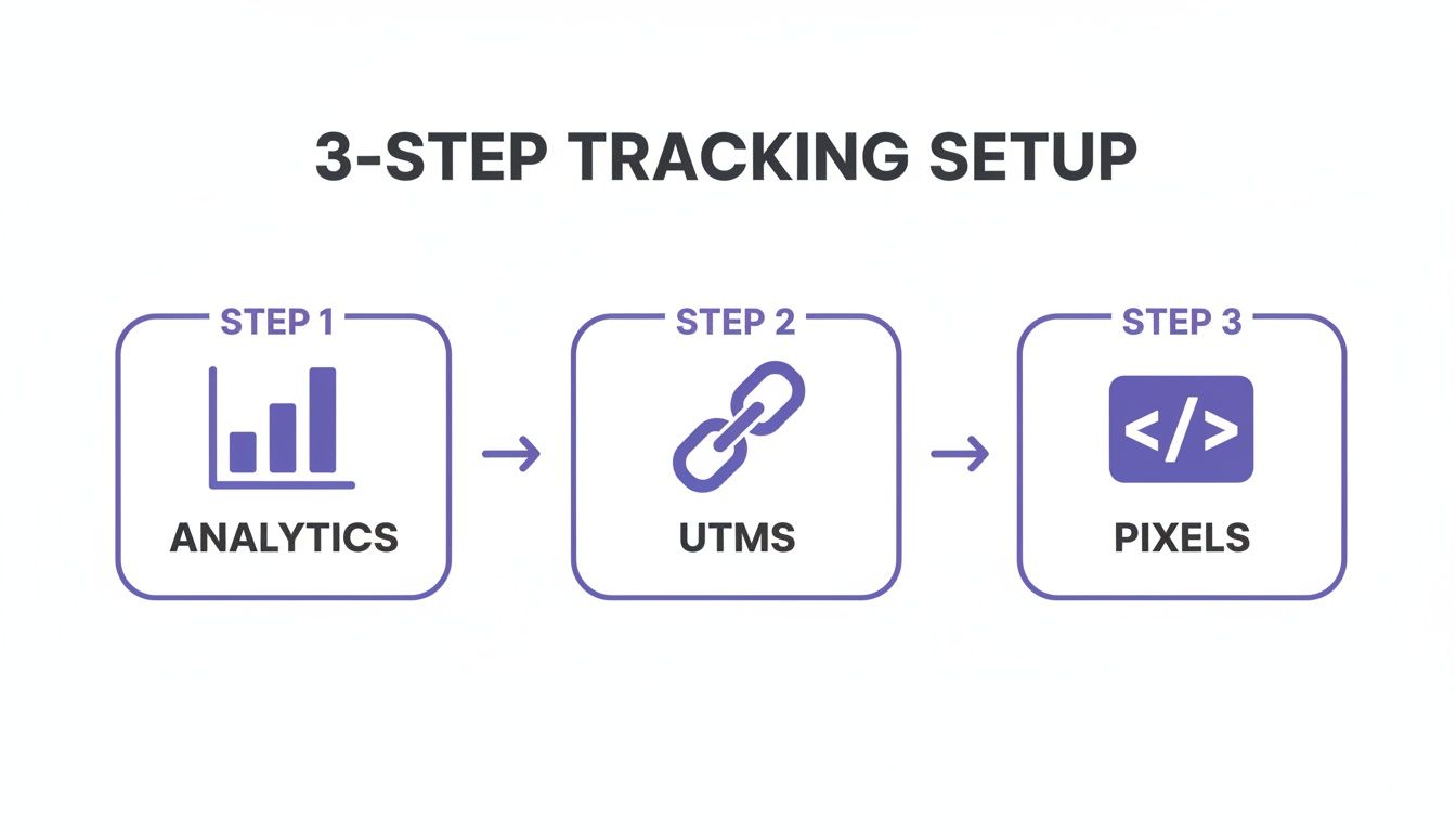 A diagram showing a 3-step tracking setup: Step 1 Analytics, Step 2 UTMs, Step 3 Pixels.