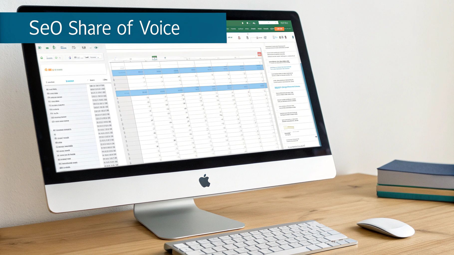 A person at a desk analyzing a bar chart on a computer screen, representing SEO data and keyword performance.