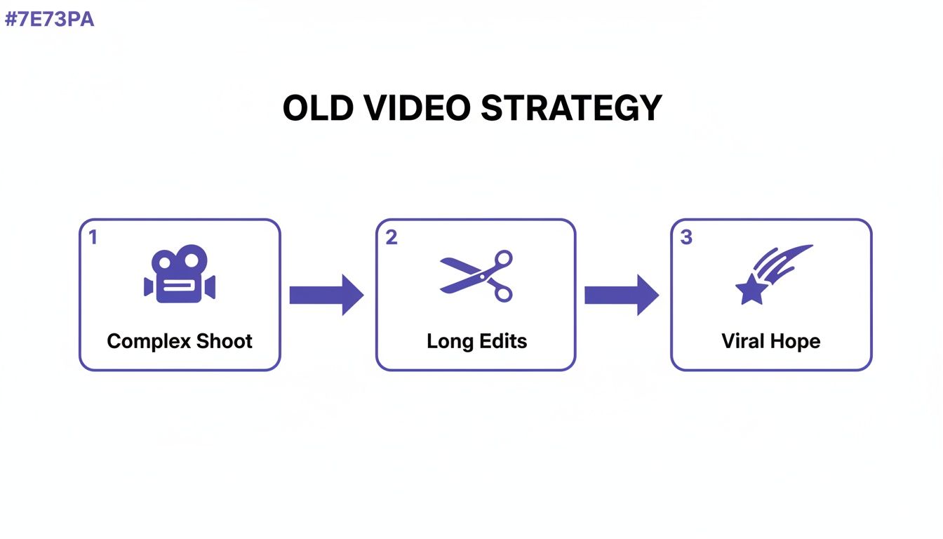 Flowchart illustrating an old video strategy with steps: complex shoot, long edits, and viral hope.