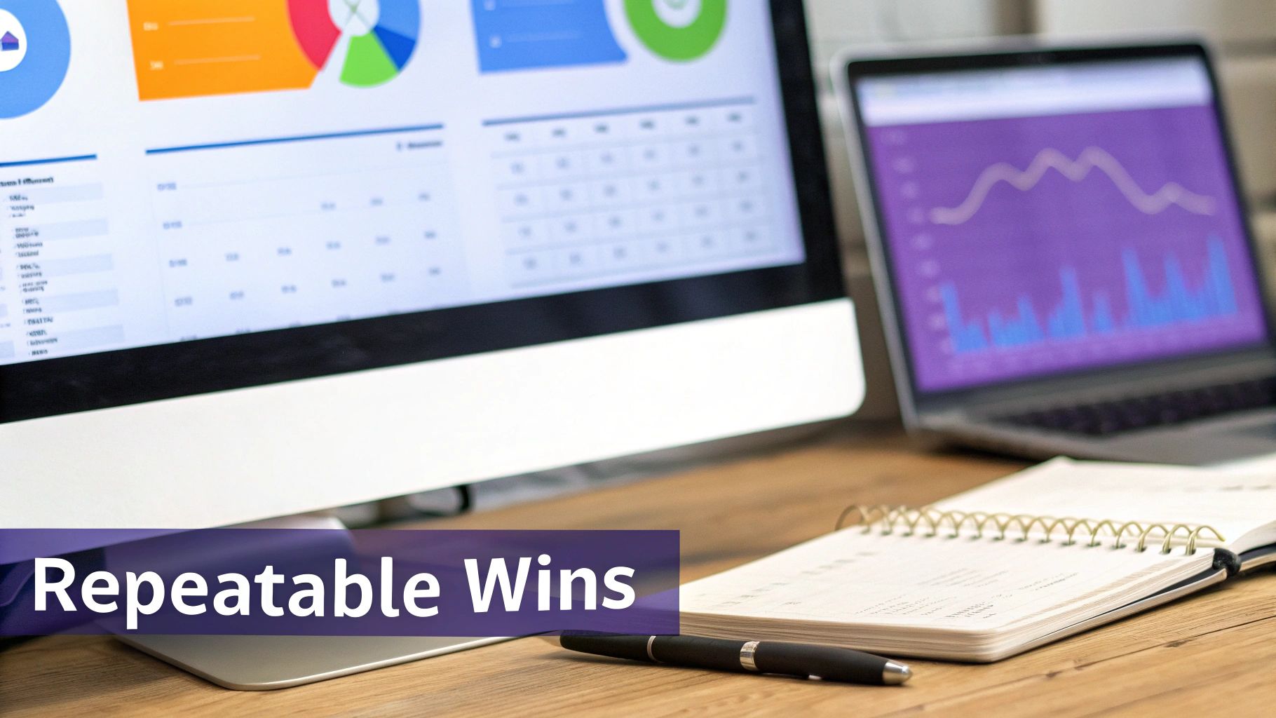 Computers on a desk display business analytics and data, alongside a notebook, with 'Repeatable Wins'.