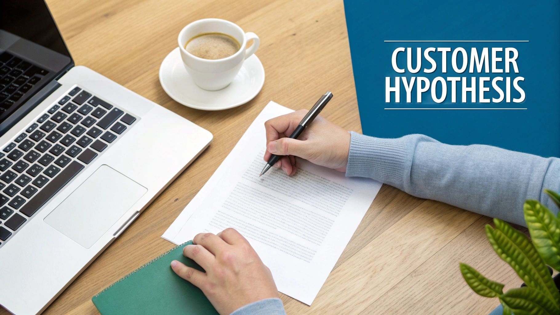 A person writes on a document, next to a laptop, coffee, and 'Customer Hypothesis' text on a desk.