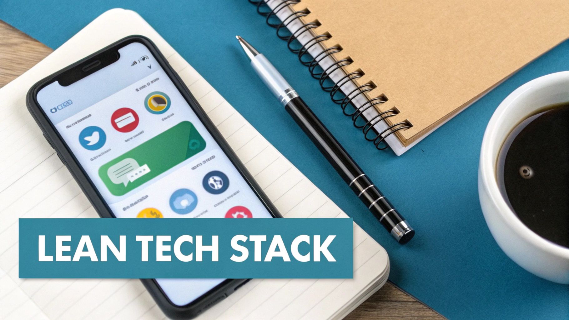 A smartphone displaying app icons, a pen, notebook, and coffee, representing a lean tech stack on a desk.